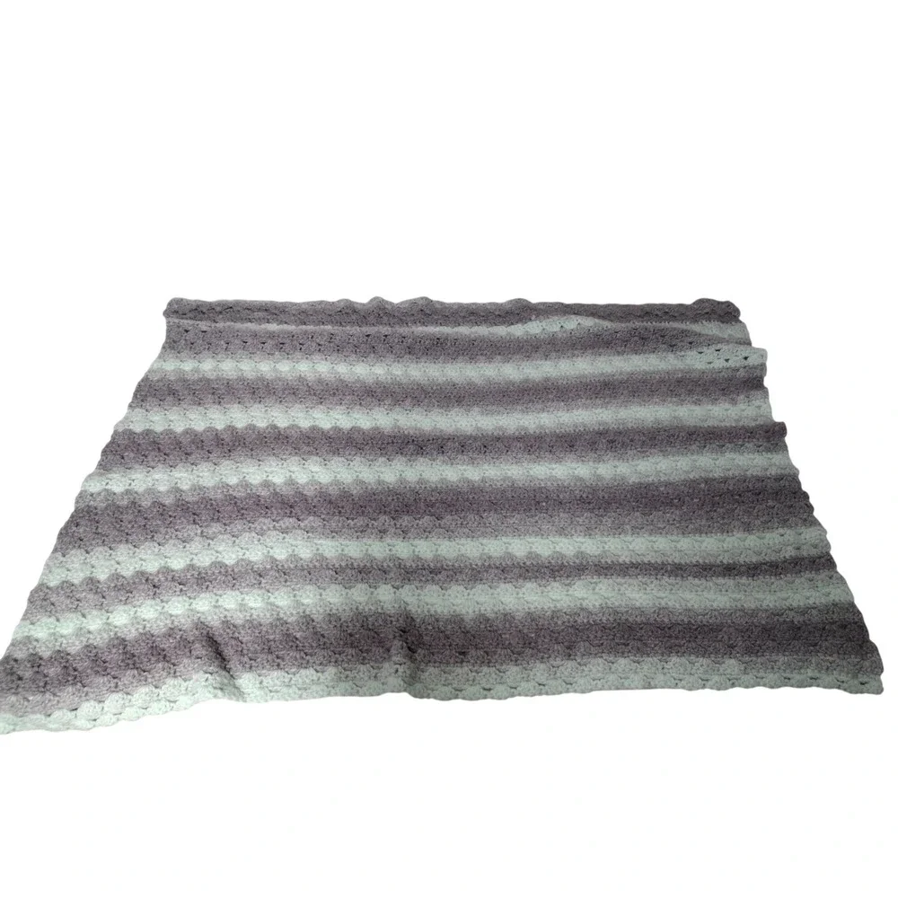 Handmade Crochet Baby Blanket Striped Grey Mint Green Shell Stitch 43x33 Throw